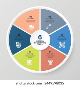 Basic circle infographic template with 6 steps, process or options, process chart, Used for process diagram, presentations, workflow layout, flow chart, infograph. Vector eps10 illustration.