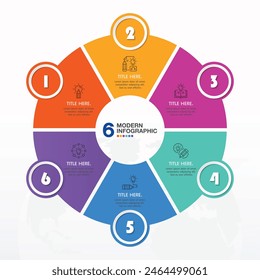 Basic circle infographic template with 6 steps, process or options, process chart, Used for process diagram, presentations, workflow layout, flow chart, infograph. Vector eps10 illustration.