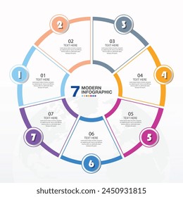 Basic circle infographic template with 7 steps, process or options, process chart, Used for process diagram, presentations, workflow layout, flow chart, infograph. Vector eps10 illustration.