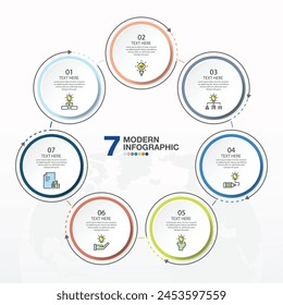 Basic circle infographic template with 7 steps, process or options, process chart, Used for process diagram, presentations, workflow layout, flow chart, infograph. Vector eps10 illustration.