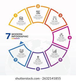 Basic circle infographic template with 7 steps, process or options, process chart, Used for process diagram, presentations, workflow layout, flow chart, infograph. Vector eps10 illustration.