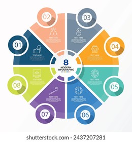 Basic circle infographic template with 8 steps, process or options, process chart, Used for process diagram, presentations, workflow layout, flow chart, infograph. Vector eps10 illustration.