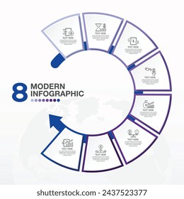 Basic circle infographic template with 8 steps, process or options, process chart, Used for process diagram, presentations, workflow layout, flow chart, infograph. Vector eps10 illustration.