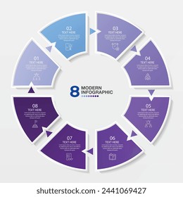 Basic circle infographic template with 8 steps, process or options, process chart, Used for process diagram, presentations, workflow layout, flow chart, infograph. Vector eps10 illustration.