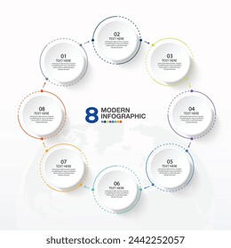 Basic circle infographic template with 8 steps, process or options, process chart, Used for process diagram, presentations, workflow layout, flow chart, infograph. Vector eps10 illustration.