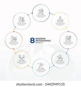 Plantilla de infografía de círculo básico con 8 pasos, proceso u opciones, diagrama de proceso, Utilizado para diagrama de proceso, presentaciones, diseño de flujo de trabajo, diagrama de flujo, infografía. Ilustración del vector eps10.