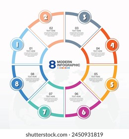 Basic circle infographic template with 8 steps, process or options, process chart, Used for process diagram, presentations, workflow layout, flow chart, infograph. Vector eps10 illustration.