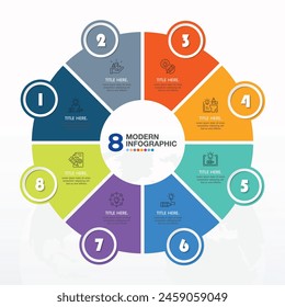 Basic circle infographic template with 8 steps, process or options, process chart, Used for process diagram, presentations, workflow layout, flow chart, infograph. Vector eps10 illustration.