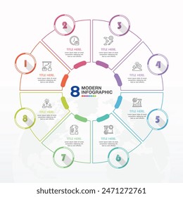 Basic circle infographic template with 8 steps, process or options, process chart, Used for process diagram, presentations, workflow layout, flow chart, infograph. Vector eps10 illustration.