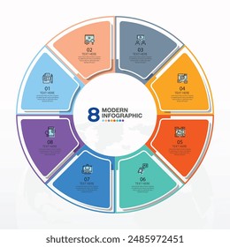 Basic circle infographic template with 8 steps, process or options, process chart, Used for process diagram, presentations, workflow layout, flow chart, infograph. Vector eps10 illustration.