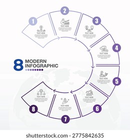 Basic circle infographic template with 8 steps, process or options, process chart, Used for process diagram, presentations, workflow layout, flow chart, infograph. Vector eps10 illustration.