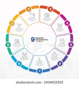 Basic circle infographic template with 9 steps, process or options, process chart, Used for process diagram, presentations, workflow layout, flow chart, infograph. Vector eps10 illustration.