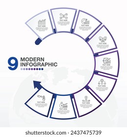 Basic circle infographic template with 9 steps, process or options, process chart, Used for process diagram, presentations, workflow layout, flow chart, infograph. Vector eps10 illustration.