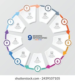 Plantilla de infografía de círculo básico con 9 pasos, proceso u opciones, diagrama de proceso, Utilizado para diagrama de proceso, presentaciones, diseño de flujo de trabajo, diagrama de flujo, infografía. Ilustración del vector eps10.