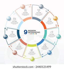 Basic circle infographic template with 9 steps, process or options, process chart, Used for process diagram, presentations, workflow layout, flow chart, infograph. Vector eps10 illustration.