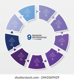 Basic circle infographic template with 9 steps, process or options, process chart, Used for process diagram, presentations, workflow layout, flow chart, infograph. Vector eps10 illustration.