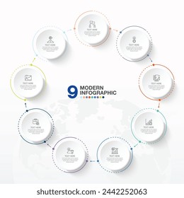 Basic circle infographic template with 9 steps, process or options, process chart, Used for process diagram, presentations, workflow layout, flow chart, infograph. Vector eps10 illustration.