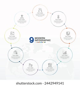 Basic circle infographic template with 9 steps, process or options, process chart, Used for process diagram, presentations, workflow layout, flow chart, infograph. Vector eps10 illustration.