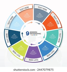 Plantilla infográfica Básica circular con 9 pasos, proceso u opciones, diagrama de proceso, utilizada para diagrama de proceso, presentaciones, diseño de flujo de trabajo, diagrama de flujo, infografía. ilustración del Vector eps10.