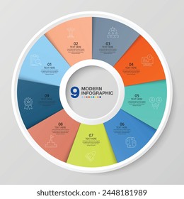 Basic circle infographic template with 9 steps, process or options, process chart, Used for process diagram, presentations, workflow layout, flow chart, infograph. Vector eps10 illustration.