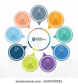 Basic circle infographic template with 9 steps, process or options, process chart, Used for process diagram, presentations, workflow layout, flow chart, infograph. Vector eps10 illustration.