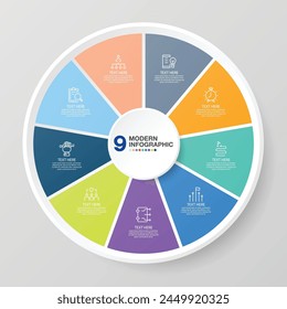 Basic circle infographic template with 9 steps, process or options, process chart, Used for process diagram, presentations, workflow layout, flow chart, infograph. Vector eps10 illustration.