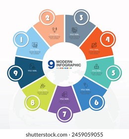 Plantilla infográfica Básica circular con 9 pasos, proceso u opciones, diagrama de proceso, utilizada para diagrama de proceso, presentaciones, diseño de flujo de trabajo, diagrama de flujo, infografía. ilustración del Vector eps10.