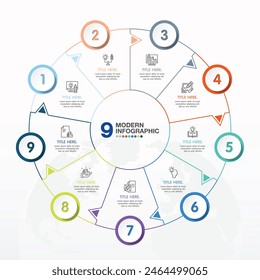 Basic circle infographic template with 9 steps, process or options, process chart, Used for process diagram, presentations, workflow layout, flow chart, infograph. Vector eps10 illustration.