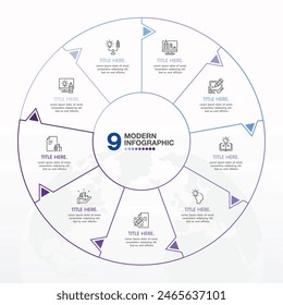 Basic circle infographic template with 9 steps, process or options, process chart, Used for process diagram, presentations, workflow layout, flow chart, infograph. Vector eps10 illustration.