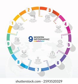 Basic circle infographic template with 9 steps, process or options, process chart, Used for process diagram, presentations, workflow layout, flow chart, infograph. Vector eps10 illustration.