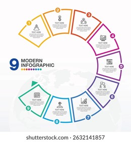 Basic circle infographic template with 9 steps, process or options, process chart, Used for process diagram, presentations, workflow layout, flow chart, infograph. Vector eps10 illustration.
