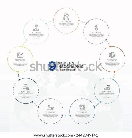 Basic circle infographic template with 9 steps, process or options, process chart, Used for process diagram, presentations, workflow layout, flow chart, infograph. Vector eps10 illustration.