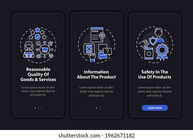 Basic client rights onboarding mobile app page screen with concepts. Information about items walkthrough 3 steps graphic instructions. UI, UX, GUI vector template with linear night mode illustrations