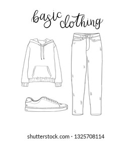 Basic clothing: sweatshirt, sneakers, jeans. Hand drawn vector black and white illustrations.