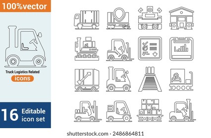 A Basic Collection of Vector Icons Associated with Truck Logistics. Has more black
 vector icons, including those for a forklift at the warehouse,
 route, cargo inspection, and more.