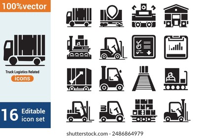 A Basic Collection of Vector Icons Associated with Truck Logistics. Has more black
 vector icons, including those for a forklift at the warehouse,
 route, cargo inspection, and more.