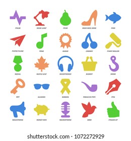 Basic color design shapes icons set with desk lamp, high heel shoe, paper plane, paint roller, maple leaf, tobacco pipe, money box and finger up.