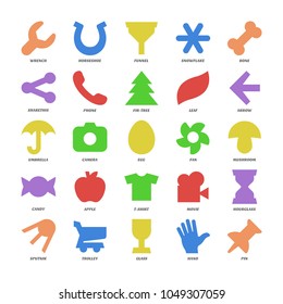 Basic color design shapes set. Simple icon collection of wrench, horseshoe, funnel, snowflake, bone, sharethis, phone, fir-tree, leaf, hourglass, sputnik, trolley, glass, hand, pin, t-shirt, movie.