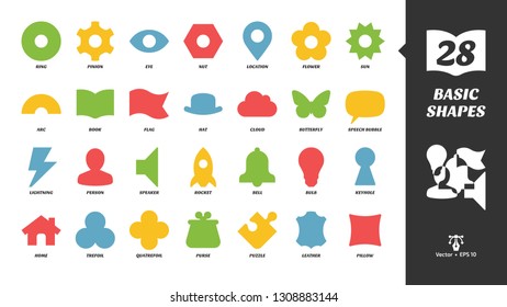 Basic color glyph shapes icon set with simple silhouette lightning, person, speaker, rocket, bell, bulb, keyhole, home, trefoil, quatrefoil, purse, puzzle, leather, pillow and more colorful sign.