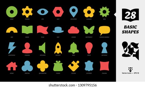 Basic color glyph shapes icon set on a black background with simple silhouette ring, pinion, eye, nut, location, flower, sun, arc, book, flag, hat, cloud butterfly, speech bubble and more sign.