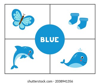 Basic colors for children. Flashcards for learning colors. Blue color.
