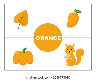 Basic colors for children. Flashcards for learning colors. Orange color.