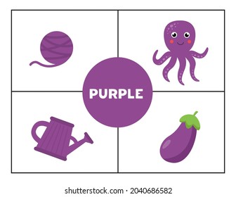 Basic colors for children. Flashcards for learning colors. Purple color.