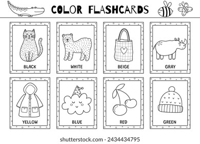 Basic colors flashcards black and white collection for kids. Flash cards set for practicing reading skills in outline for coloring. Learn color vocabulary for school and preschool. Vector illustration