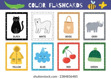 Basic colors flashcards collection for kids. Flash cards set for practicing reading skills. Learn vocabulary for school and preschool. Black, white, red, green and more. Vector illustration