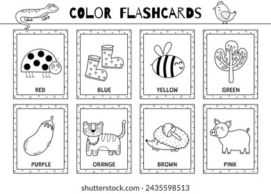 Basic colors flashcards collection for kids in black and white. Flash cards set in outline for coloring. Learn food vocabulary for school and preschool. Vector illustration