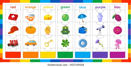 Basic colors. Match by color. Puzzle for kids. Matching game, education game for children. Worksheet for preschoolers.