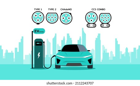 Conectores básicos para cargar un coche eléctrico. Adaptadores de tipo EV. Ilustración vectorial. Diseño plano.