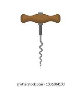 Basic corkscrew with brown wooden handle and spiral metal rod. Kitchen tool used to open wine bottles. Flat vector icon