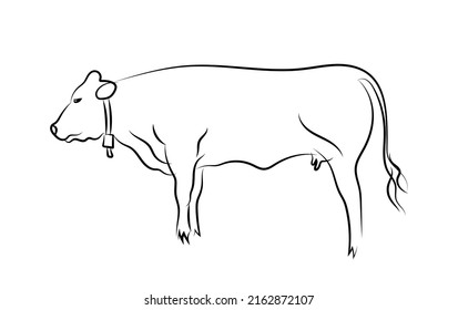 Basic cow silhouette standing with cowbell. Side profile view. Sketch hand drawn style lines vector illustration.